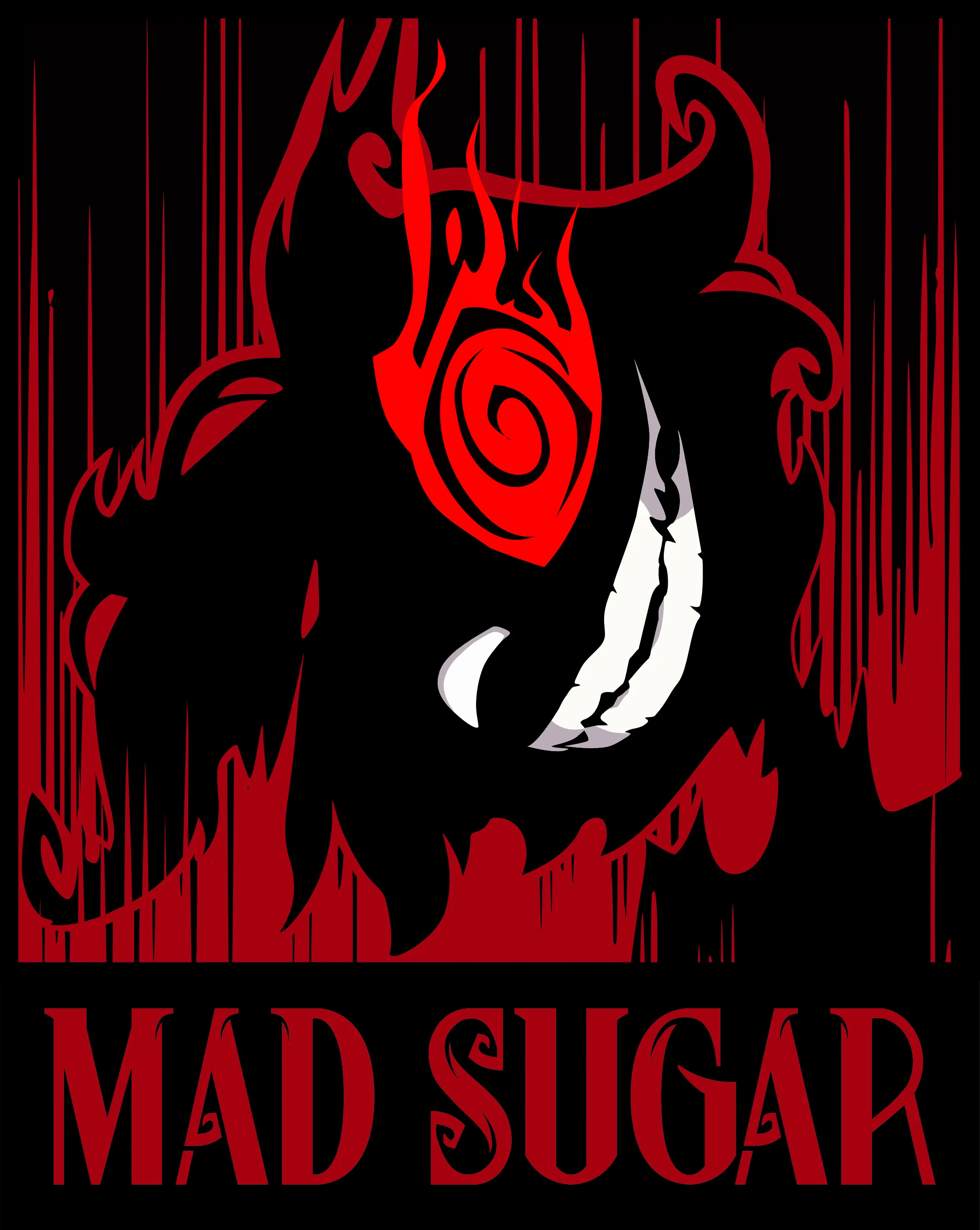 Mad Sugar — a horned warrior with a blood-red spiral face and a white fanged grin